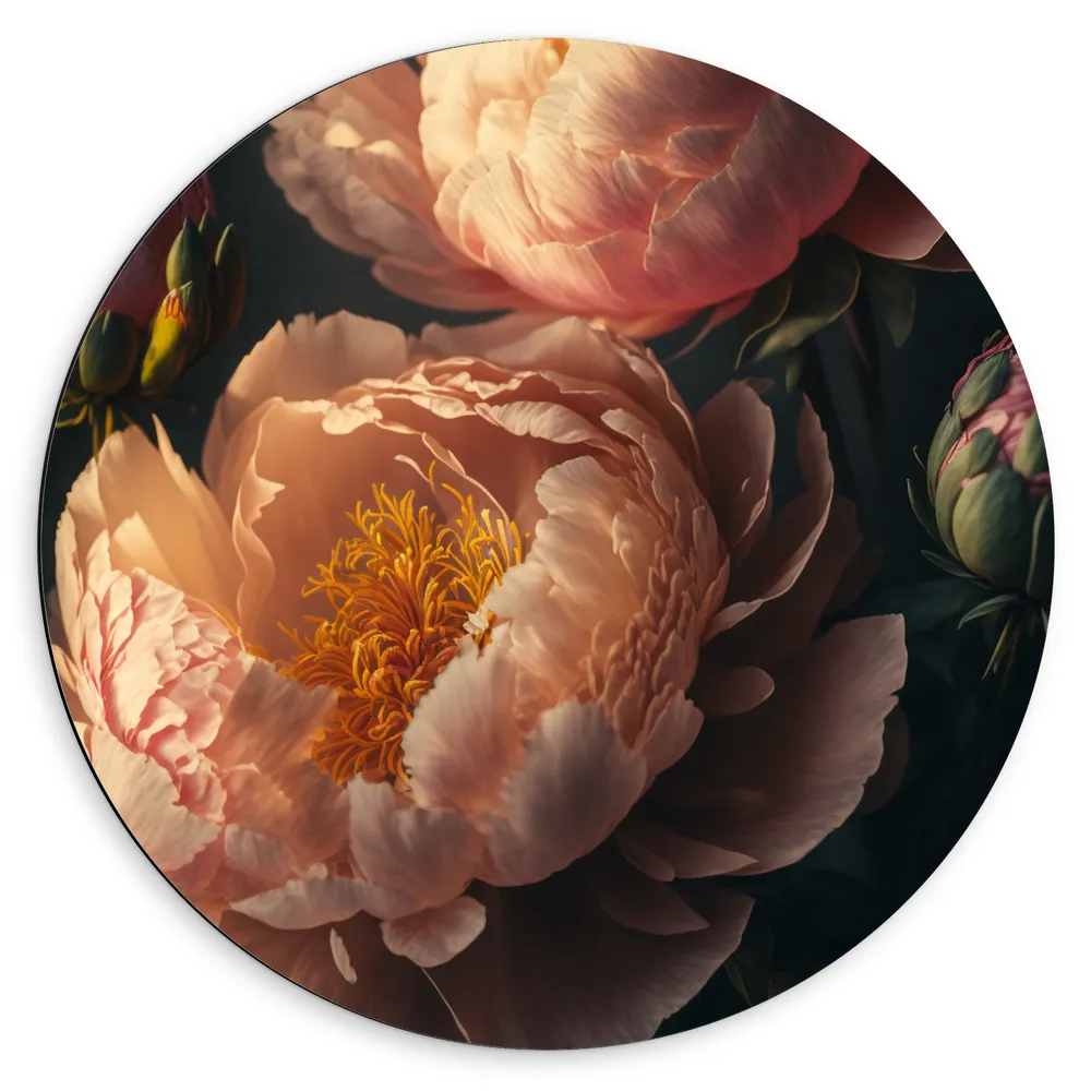 Dibond Muurcirkel - Licht roze dahlia bloemen met gele binnenkant en donkere achtergrond