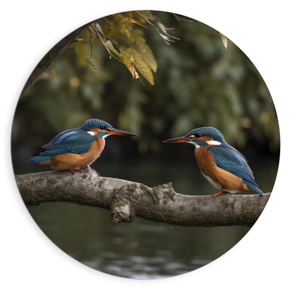 Dibond Muurcirkel - Twee ijsvogels zitten op tak die boven het water hangt