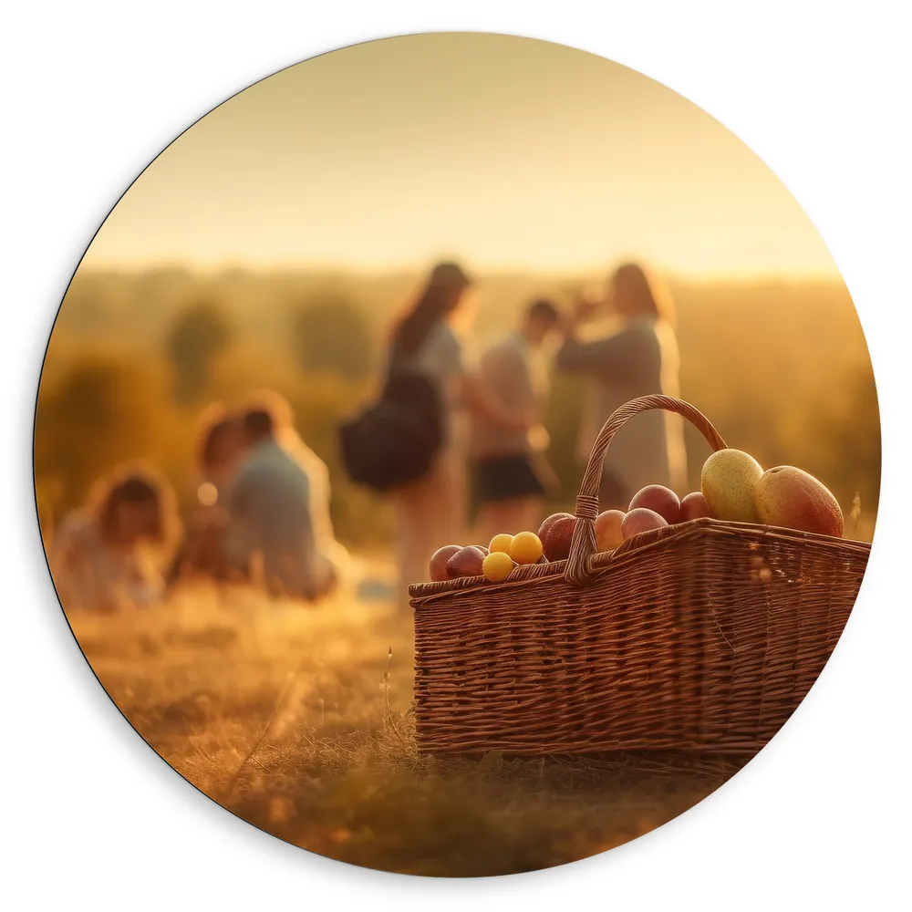 Dibond Muurcirkel - Picknick - Mand - Eten - Fruit - Mensen - Veldje