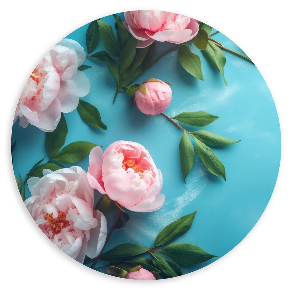 Dibond Muurcirkel - Chinese Pioen Bloemen op Blauwe Achtergrond