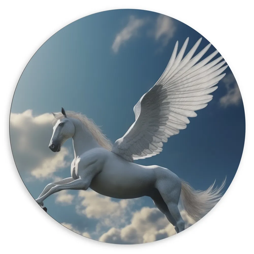 Dibond Muurcirkel - Paard - Vliegen - Wit - Lucht - Wolken