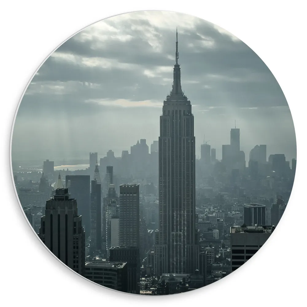 Dibond Muurcirkel - Felle Zonnestralen op Wolkenkrabbers van New York