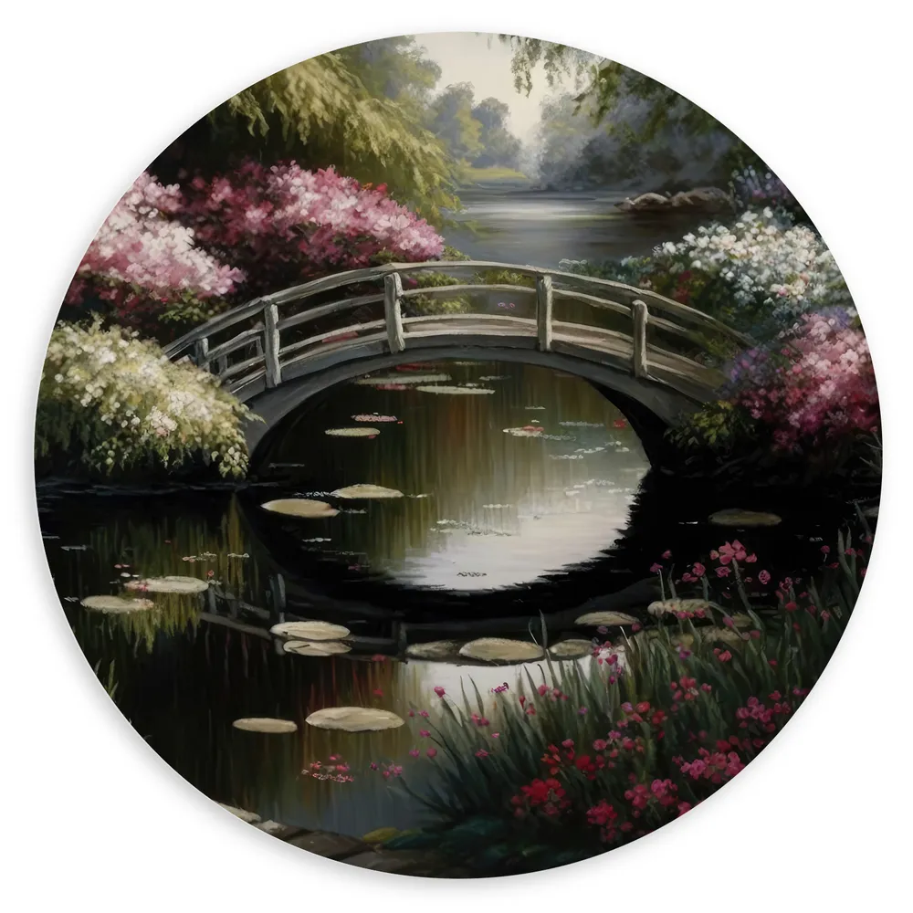 Dibond Muurcirkel - Brug over Sloot met Mooie Bloemen