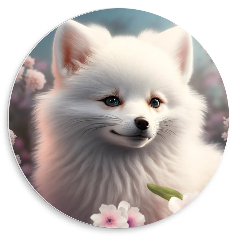 Dibond Muurcirkel - Pluizig Wit Hondje in Roze Bloemenveld