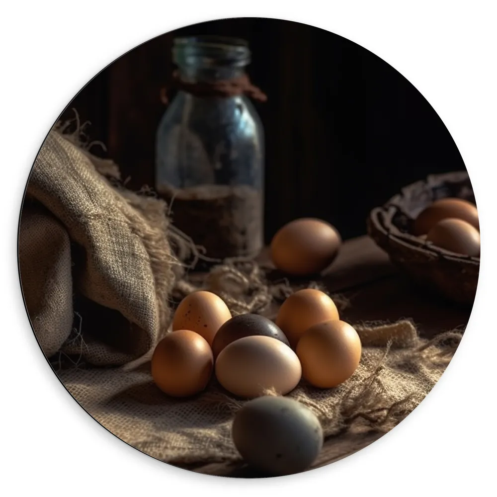 Dibond Muurcirkel - Eieren - Zak - Hout - Eten