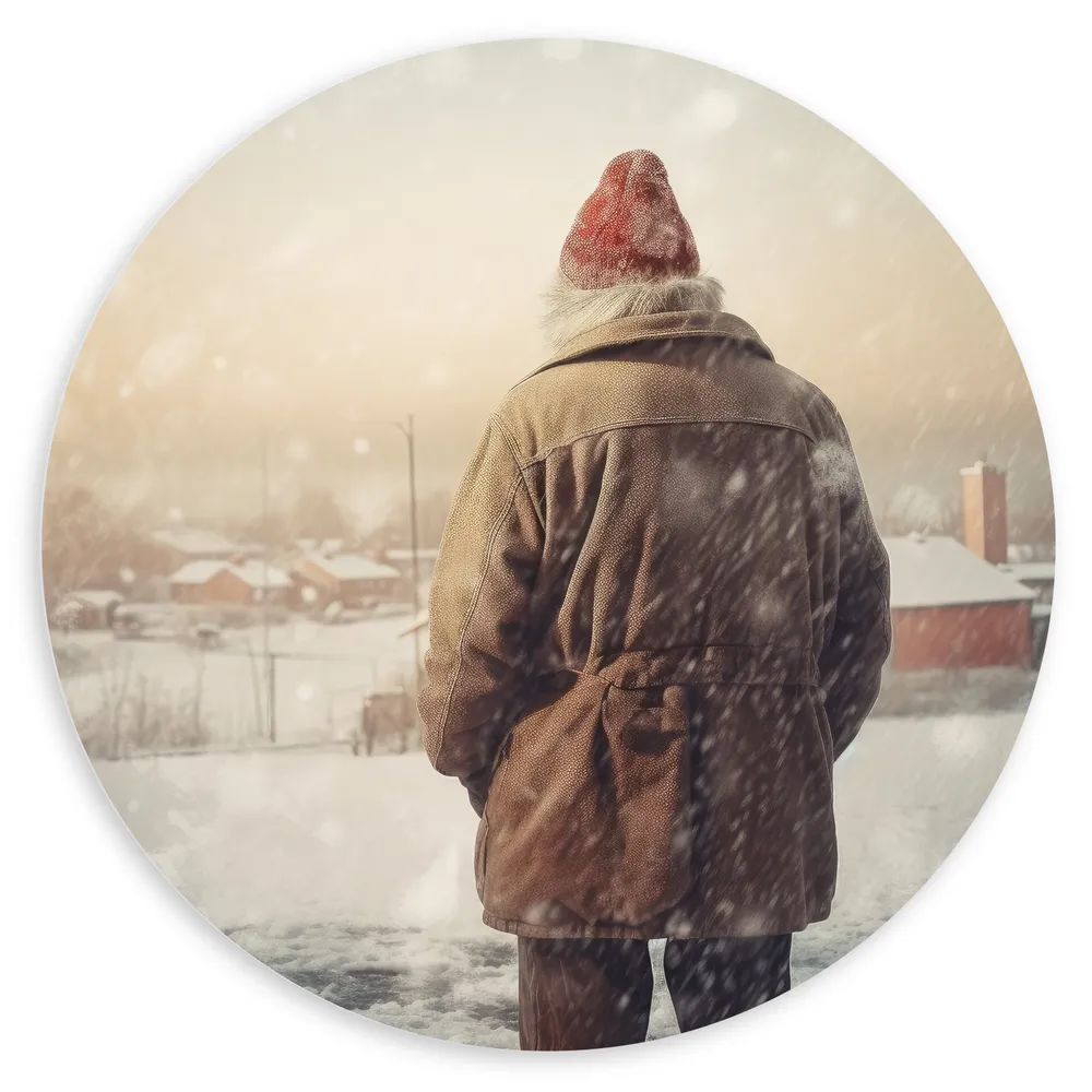 Dibond Muurcirkel - Man - Oud - Winter - Sneeuw - Koud - Jas - Muts