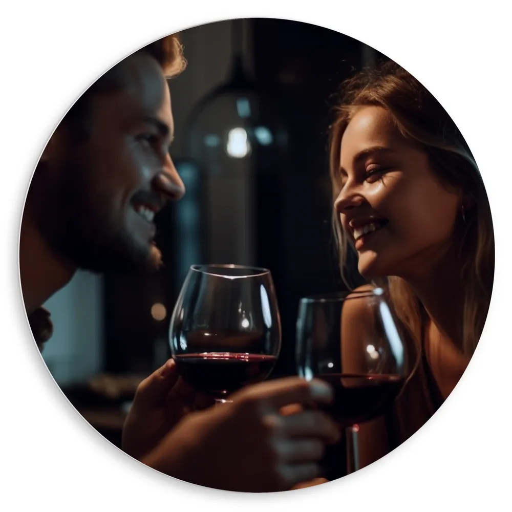 Dibond Muurcirkel - Man - Vrouw - Wijn - Proosten - Liefde - Koppel - Lachen