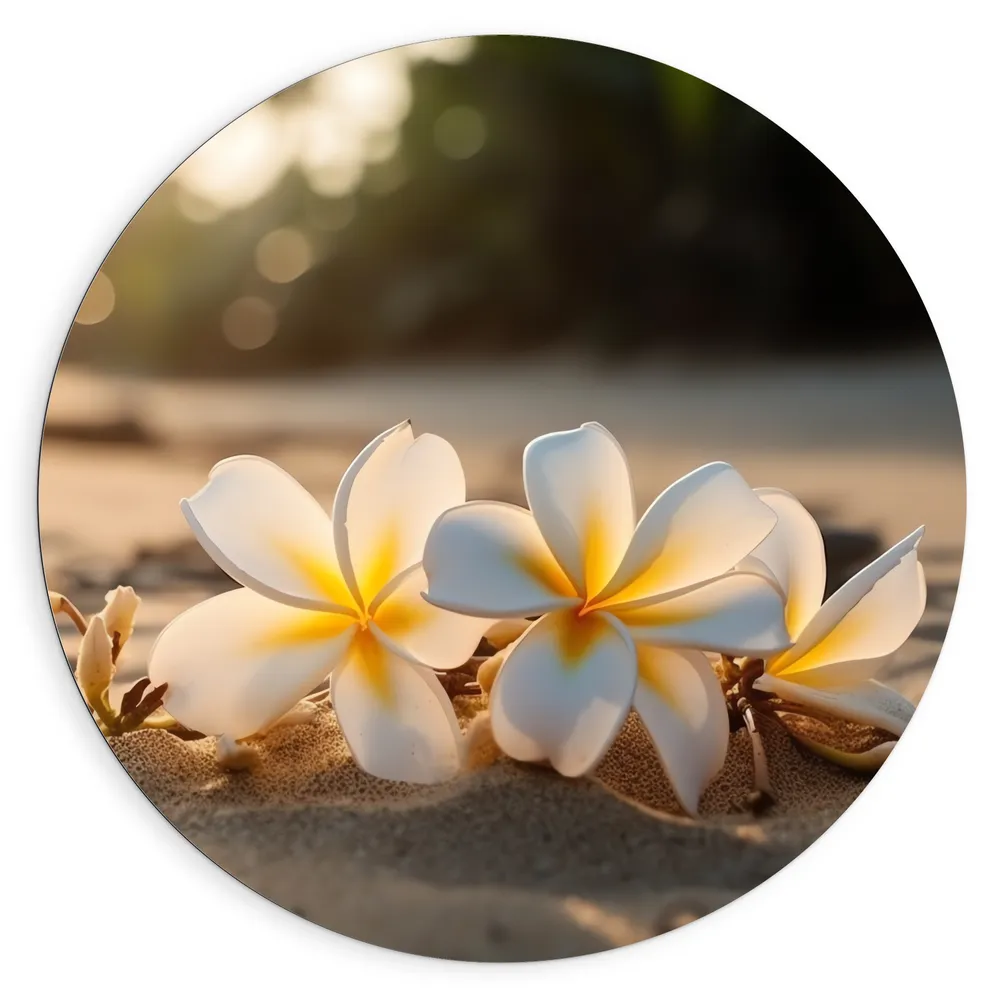 Dibond Muurcirkel - Wit met Gele Plumeria Alba Bloemen op Zand