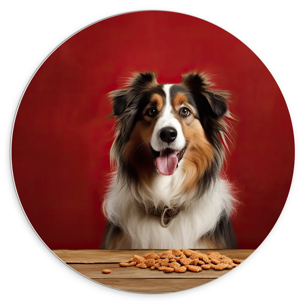 Dibond Muurcirkel - Dier - Hond - Eten - Brokken - Bakje
