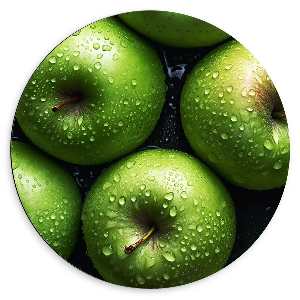Dibond Muurcirkel - Verse Groene Appels onder de Waterdruppels