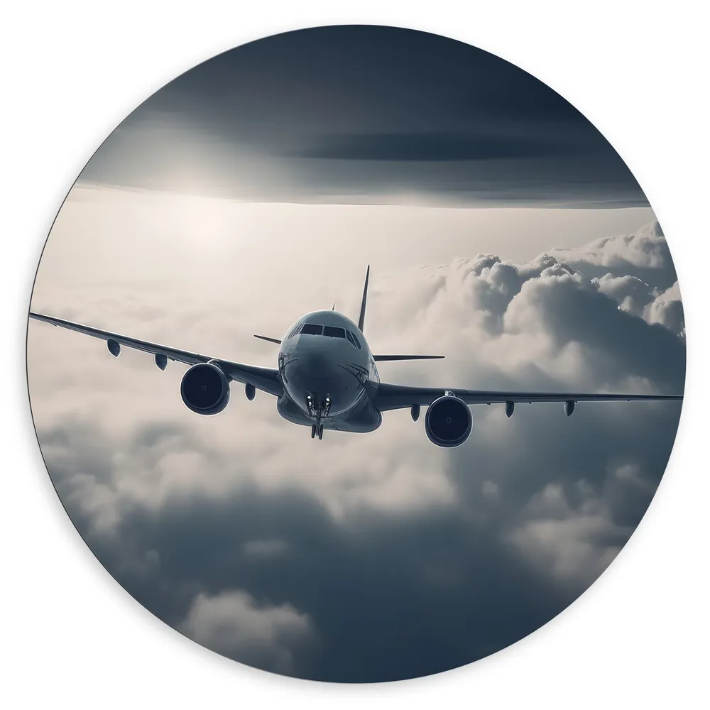 Dibond Muurcirkel - Vliegtuig Vliegend tussen de Wolken