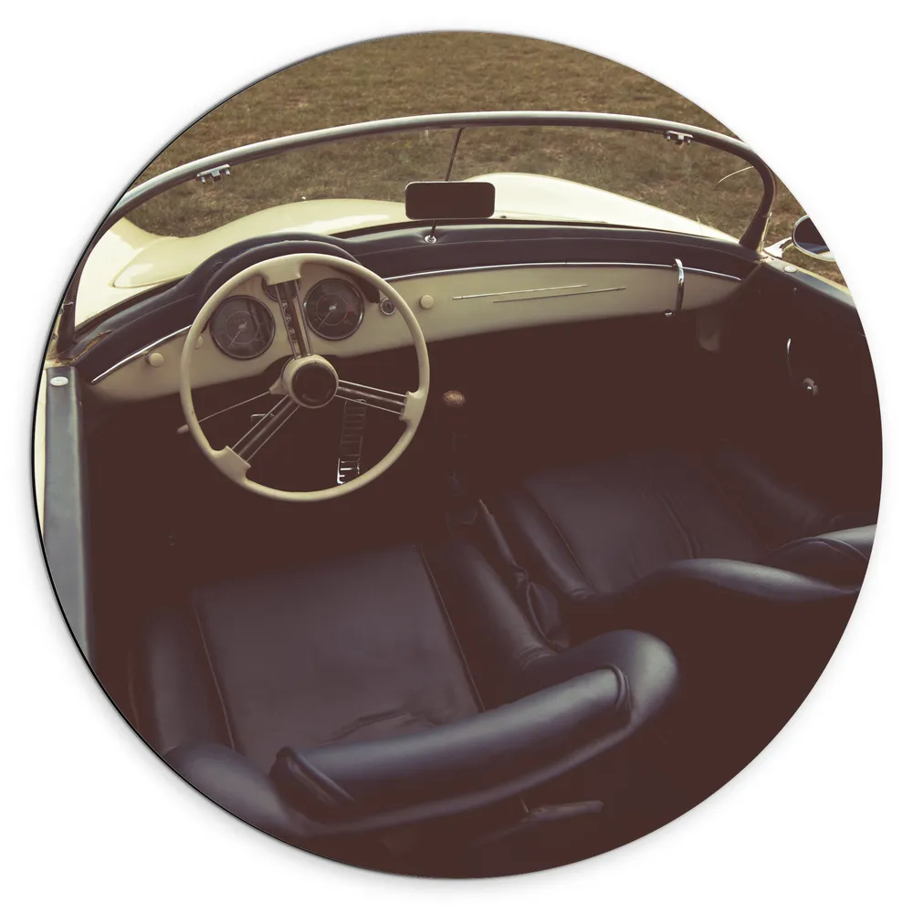 Dibond Muurcirkel - Auto - Open - Binnenkant - Stoelen - Stuur