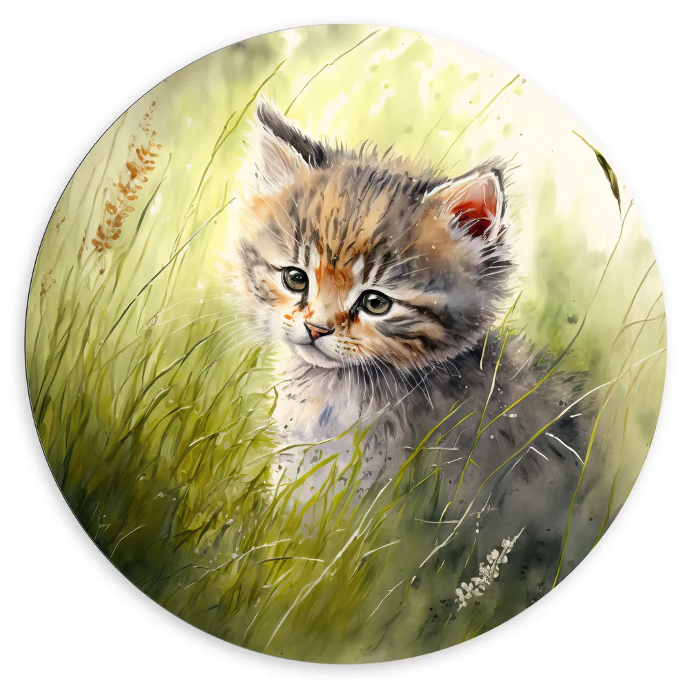Dibond Muurcirkel - Tekening van Bruinharige Kitten tussen de Hoge Grassprieten