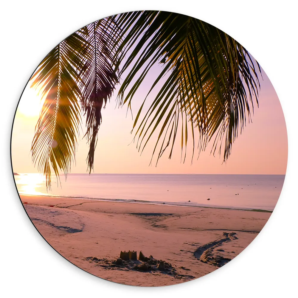 Dibond Muurcirkel - Zonsopgang achter Palmboom op het Strand