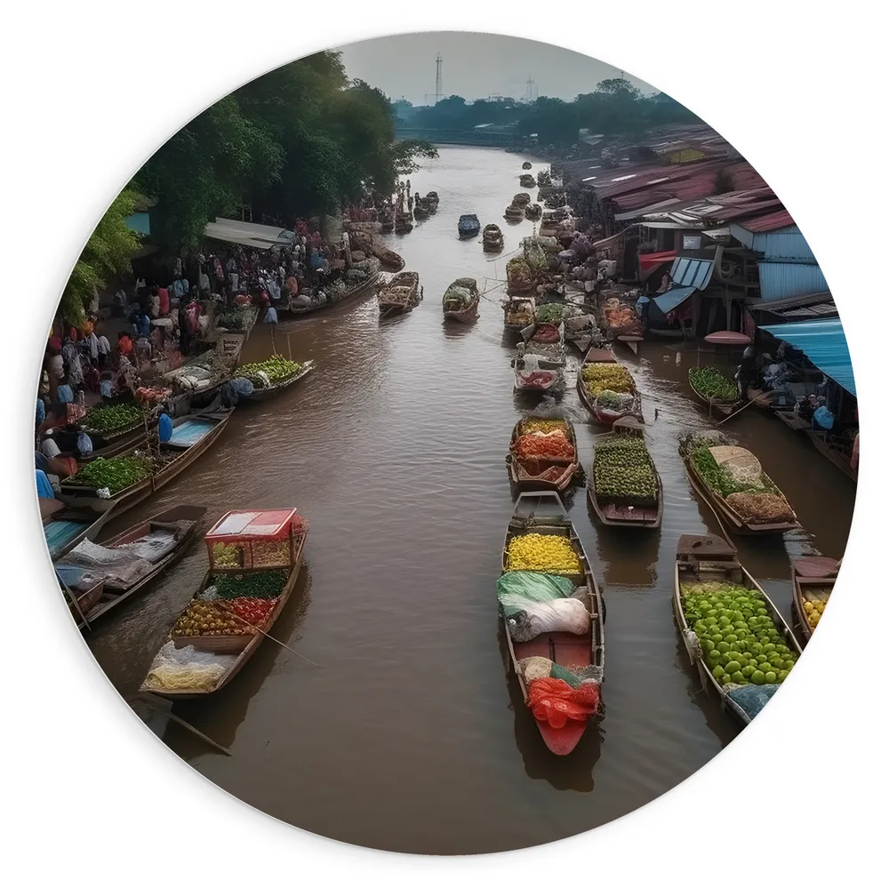 Dibond Muurcirkel - Markt - Boten - Groente - Fruit - Mensen - Rivier