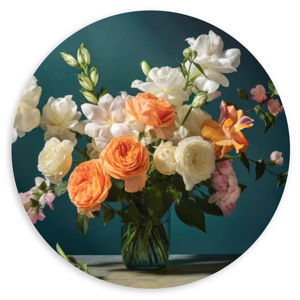 Dibond Muurcirkel - Vaas - Bloemen - Kleuren - Rozen - Kleuren
