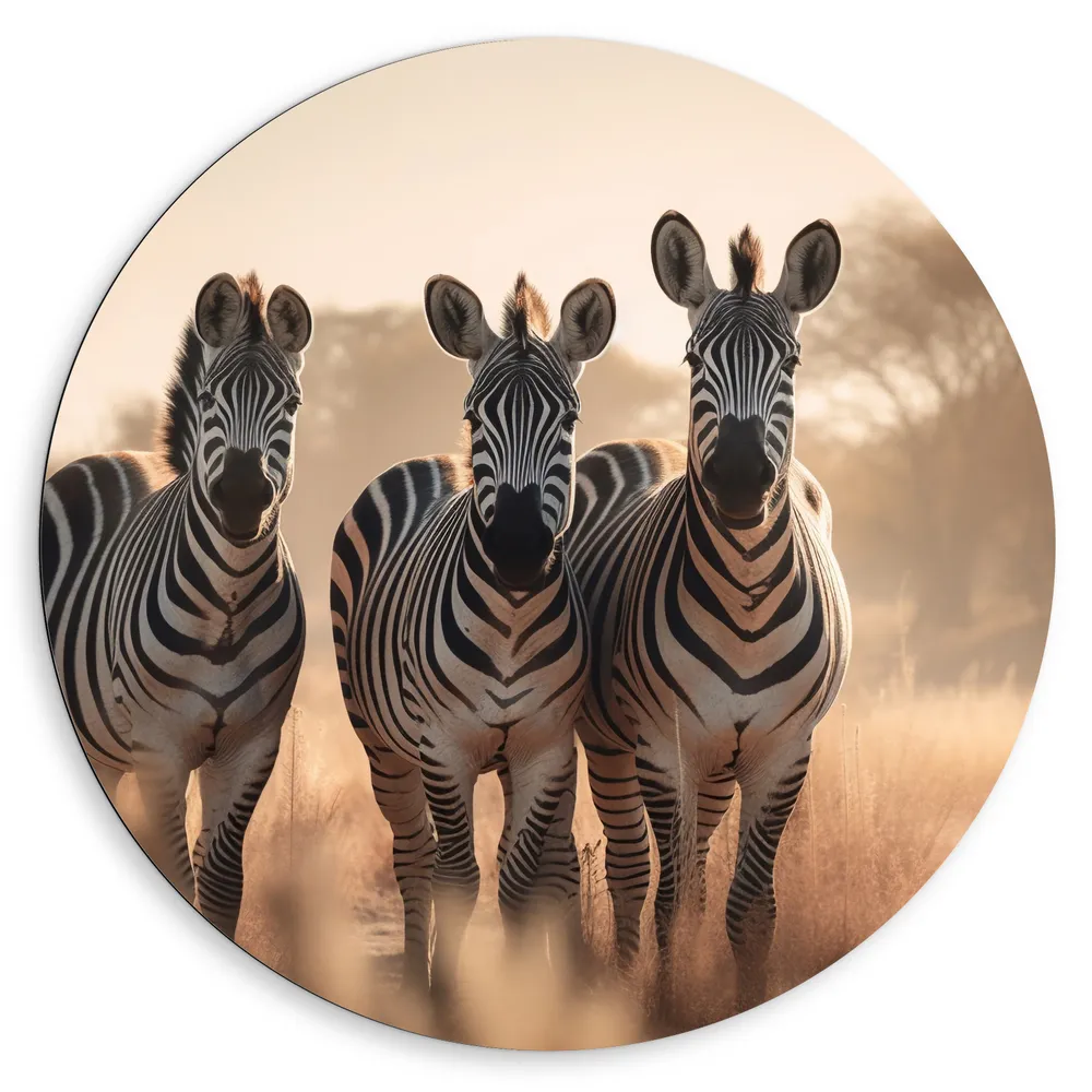 Dibond Muurcirkel - Drie Zebra's in Droog Landschap