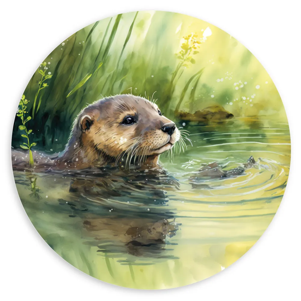 Dibond Muurcirkel - Tekening van Zwemmende Otter in de Rivier
