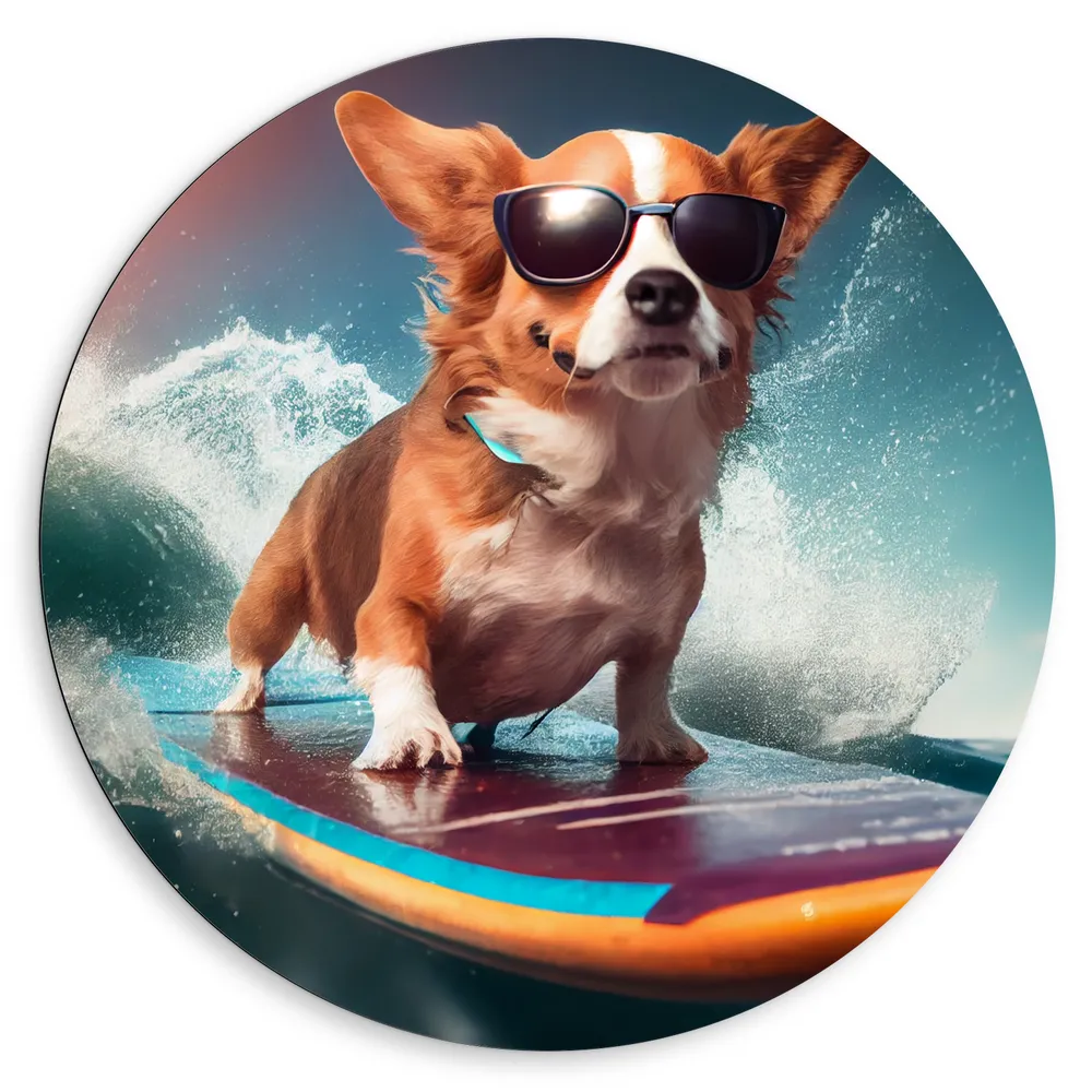 Dibond Muurcirkel - Corgi Hond met Zwarte Zonnebril op Surfplank
