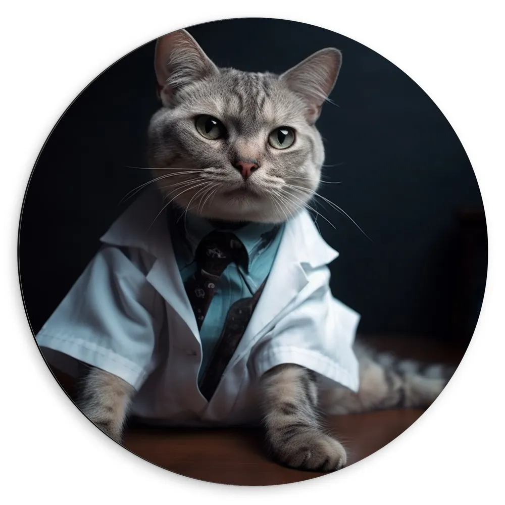 Dibond Muurcirkel - Kat aan het Werk als Dokter