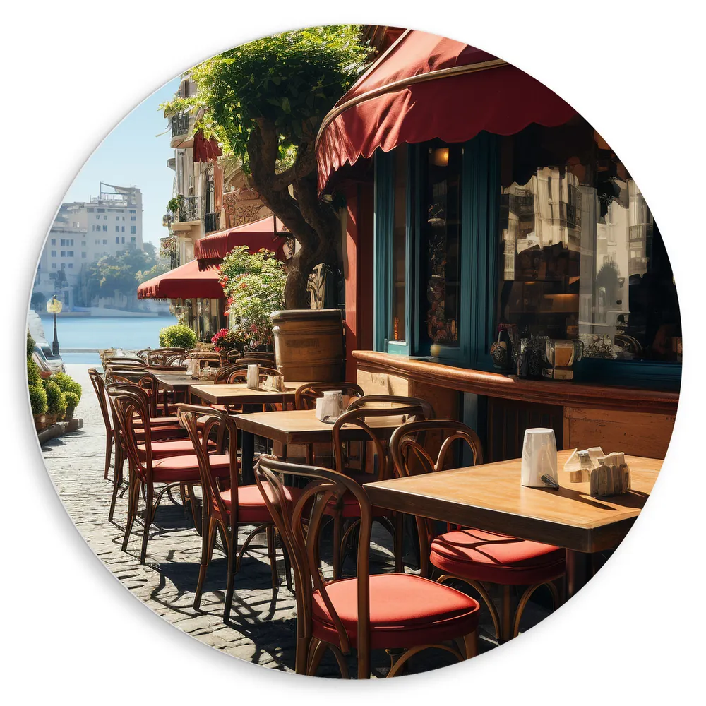 Dibond Muurcirkel - Stad - Restaurant - Terras - Buiten - Planten - Rood