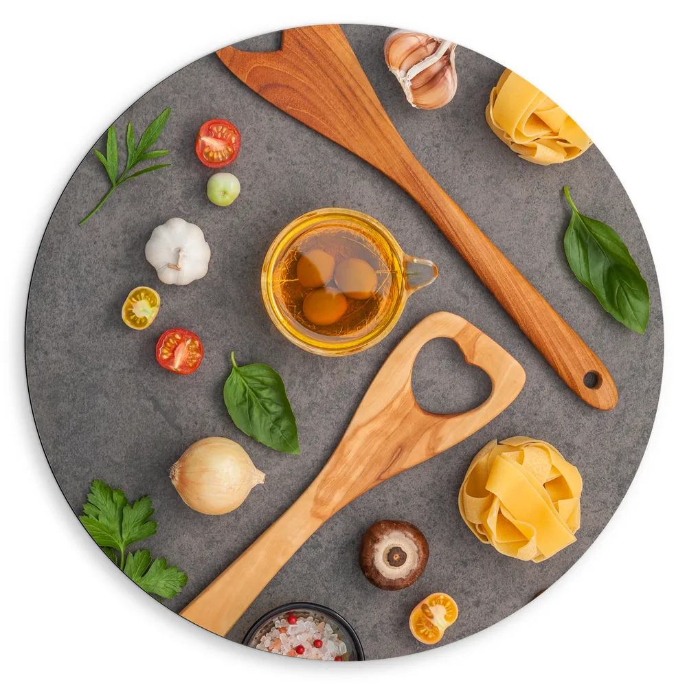 Dibond Muurcirkel - Houten Lepels tussen Italiaanse Pasta Ingrediënten