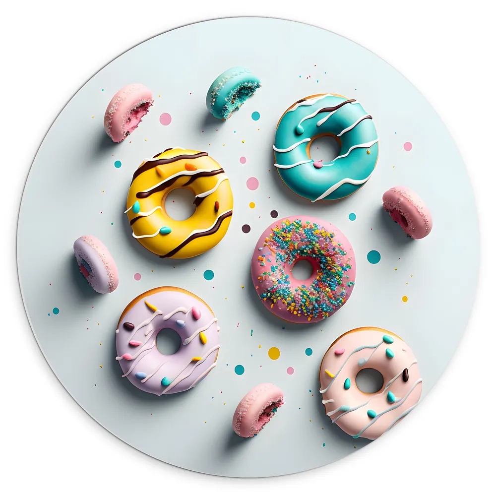 Dibond Muurcirkel - Donuts met Verschillende Kleuren Glazuur