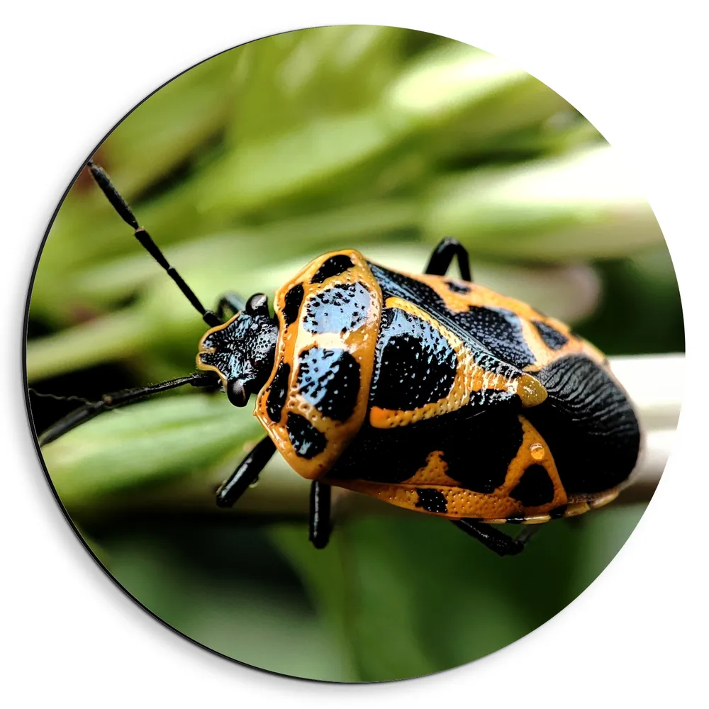 Dibond Muurcirkel - Zwart met Geel Schildwants Insect op Kleine Groene Plant