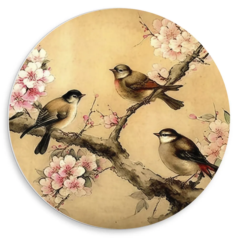 Dibond Muurcirkel - Tekening van Drie Vogels op Tak met Bloemen