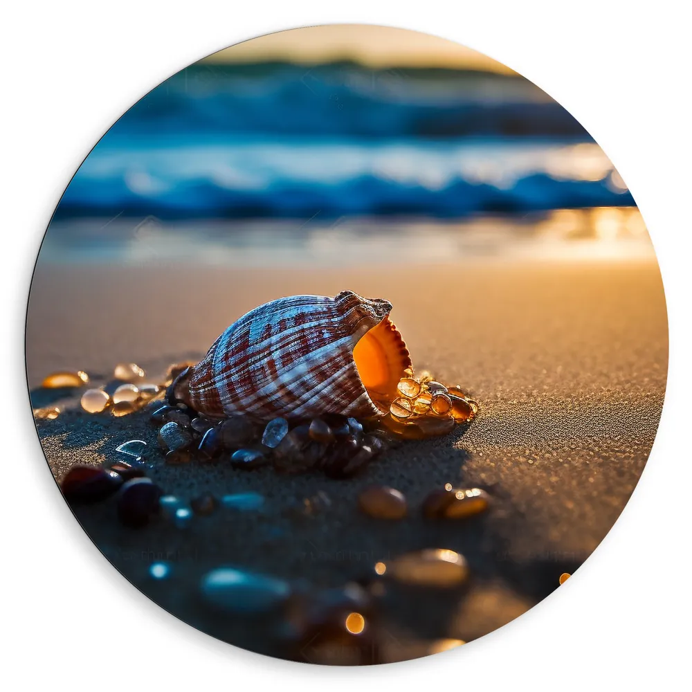 Dibond Muurcirkel - Schelp - Strand - Zand - Steentjes - Zonsondergang