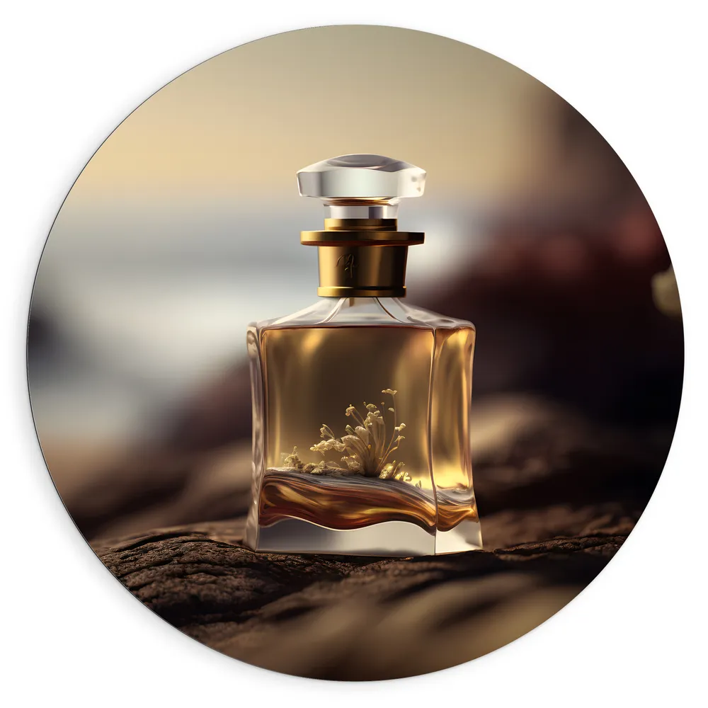 Dibond Muurcirkel - Flesje - Parfum - Bloemetjes