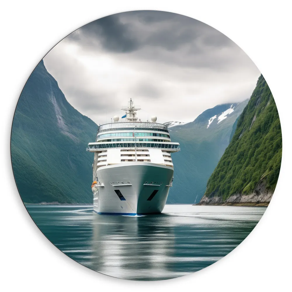 Dibond Muurcirkel - Groot Wit Cruiseschip Varend op het Water in Dal van Hoge Bergen
