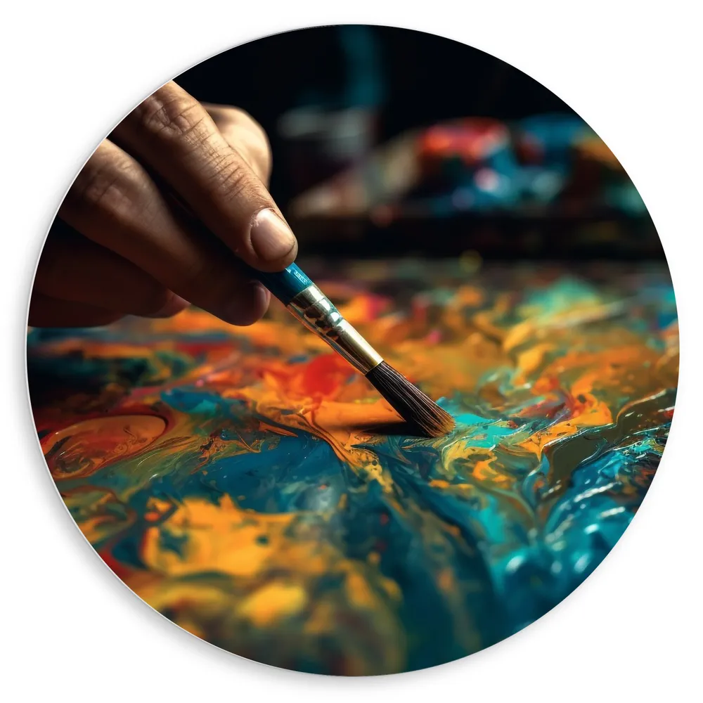 Dibond Muurcirkel - Hand - Kwast - Kleuren - Mengen - Verf - Kunst
