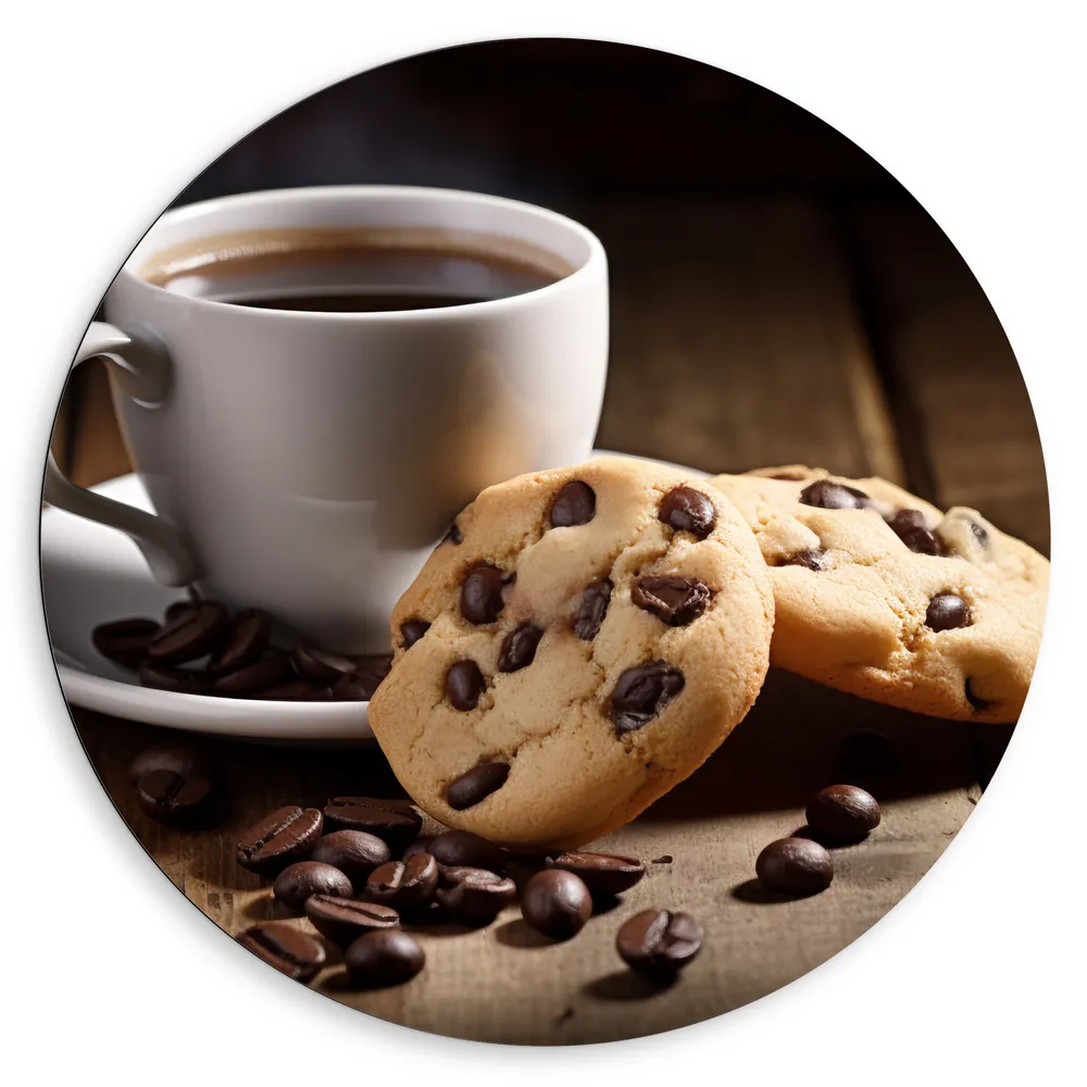 Dibond Muurcirkel - Kop Koffie met Verse Koekjes op Houten Tafel
