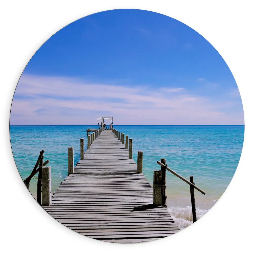 Dibond Muurcirkel - Vlonder over Helderblauwe Zee