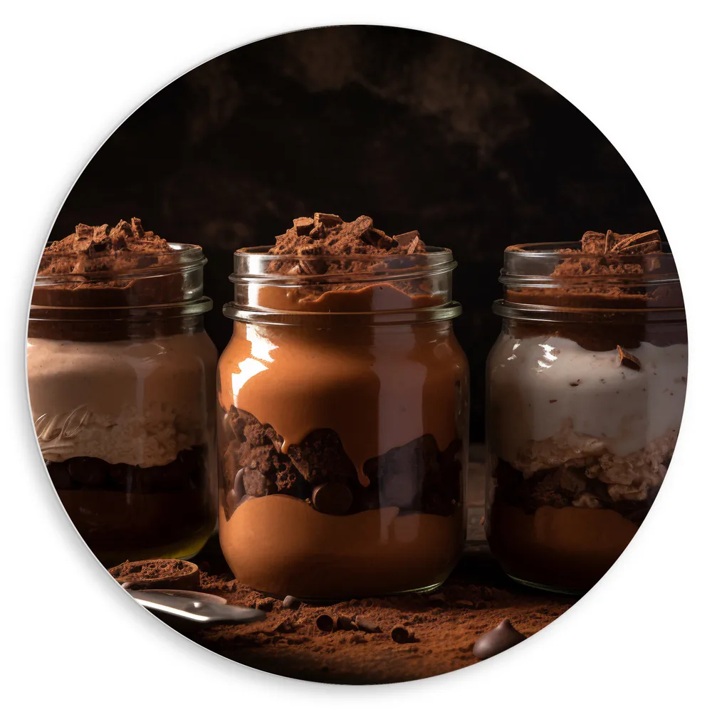 Dibond Muurcirkel - Chocolademouse Toetjes in Glazen Potjes