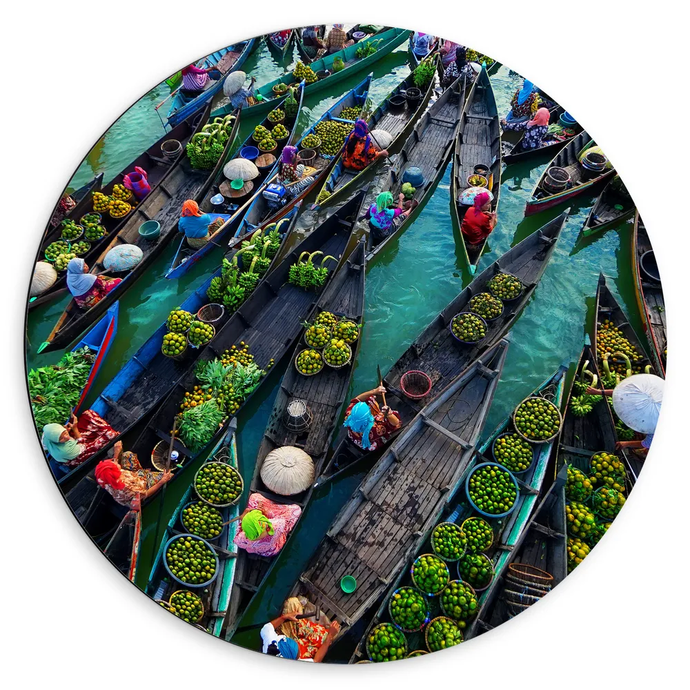 Dibond Muurcirkel - Drijvende markt op Boten in Vietnam