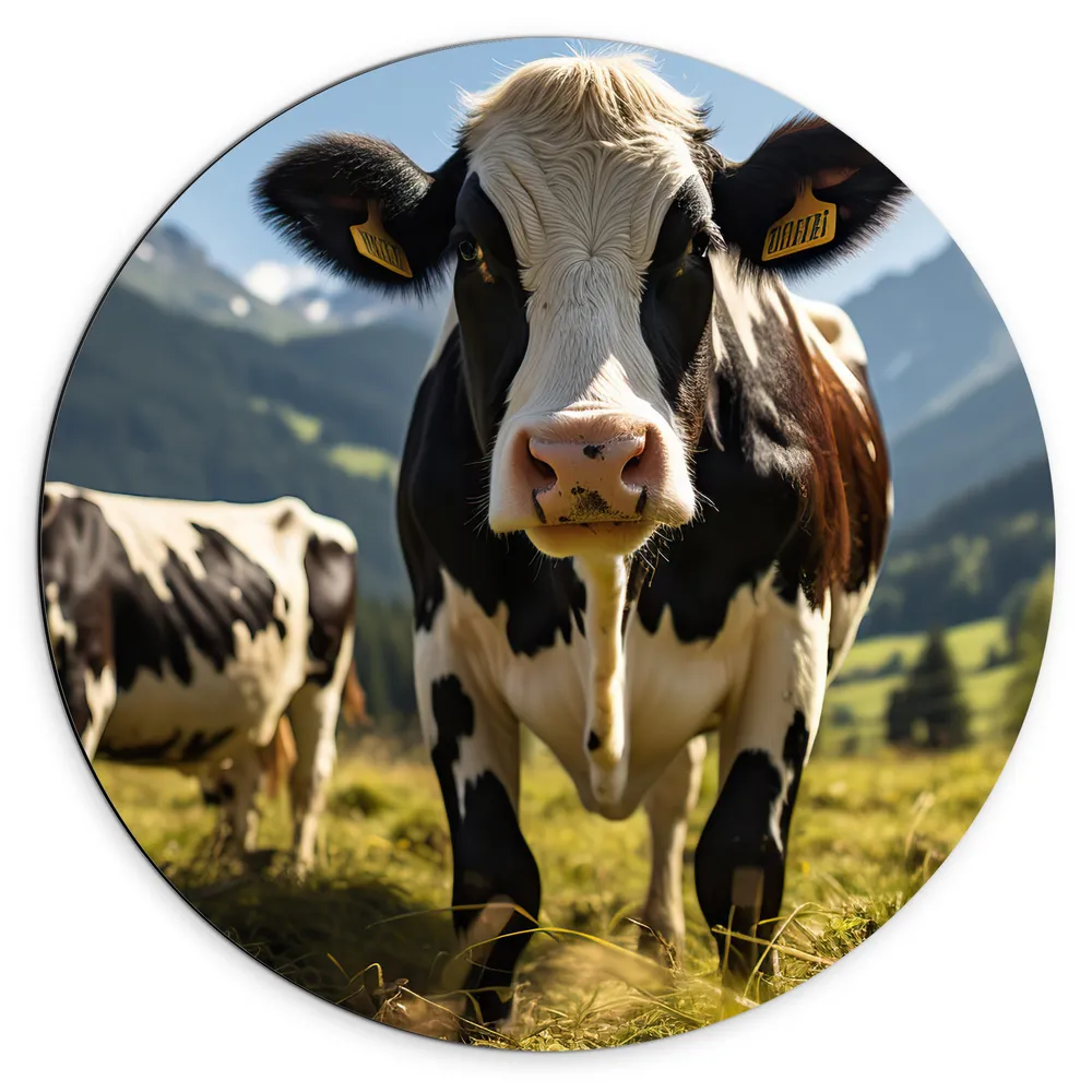 Dibond Muurcirkel - Koeien - Weiland - Bergen - Gras - Dieren