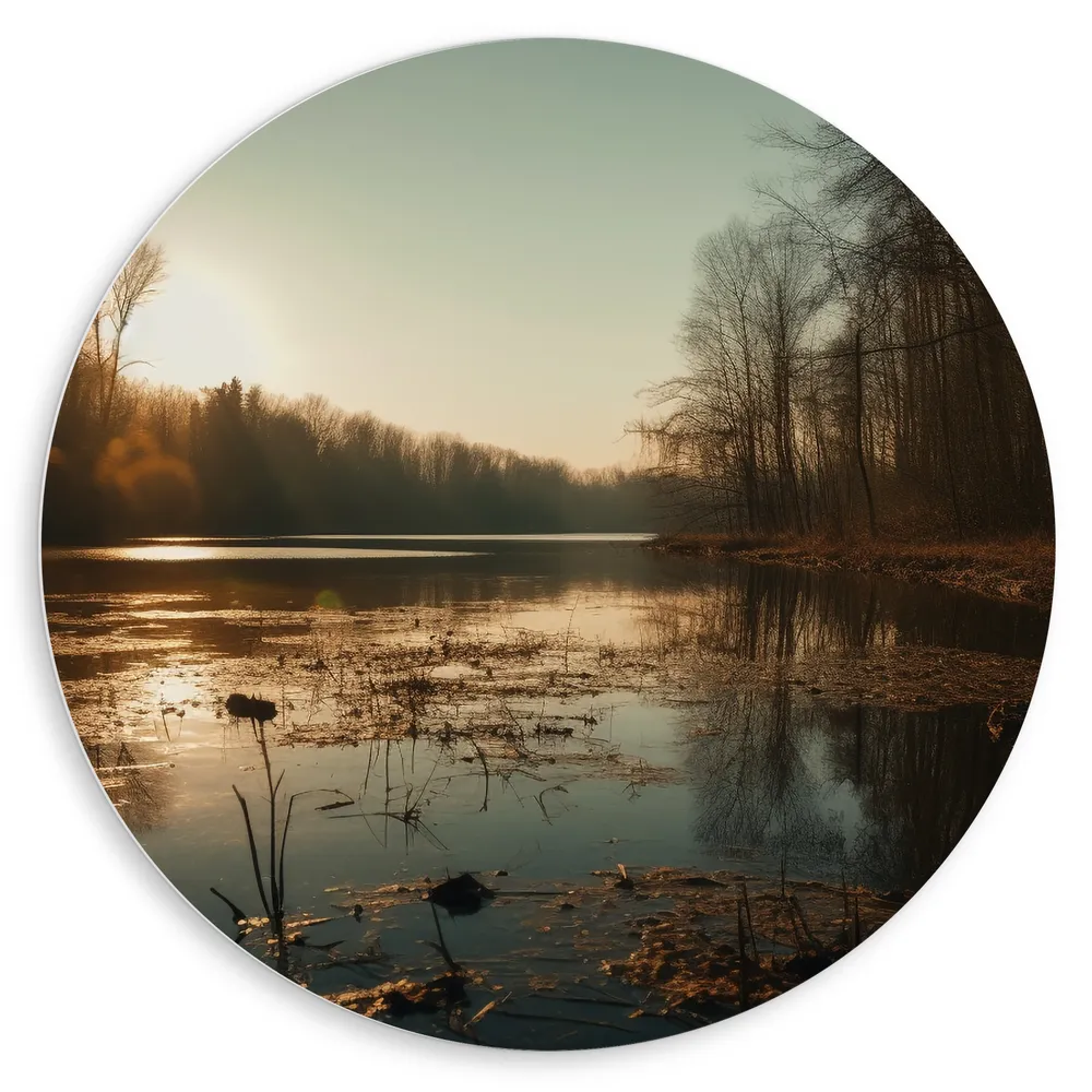 Dibond Muurcirkel - Zachte Zonnestralen op het Wateroppervlak langs Rij Bomen