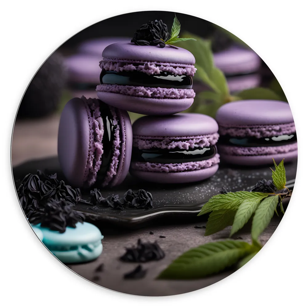 Dibond Muurcirkel - Zwart Plateau met Paarse Macarons