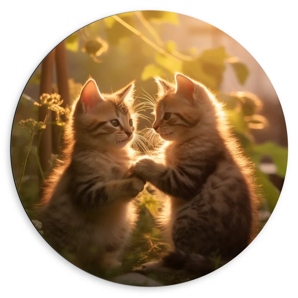 Dibond Muurcirkel - Dieren - Kittens - Gras - Bloemen