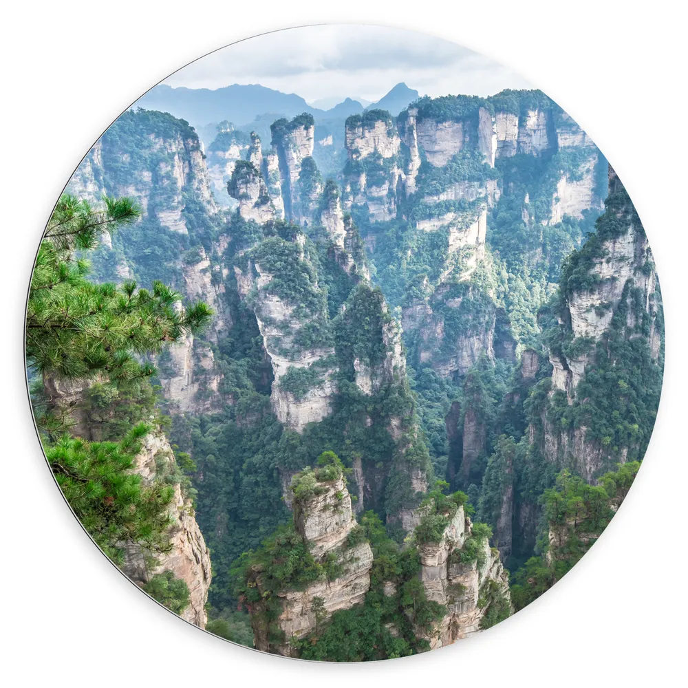 Dibond Muurcirkel - Hoge Stijle Rotsen met Minimale Begroeiing in Zhangjiajie, China