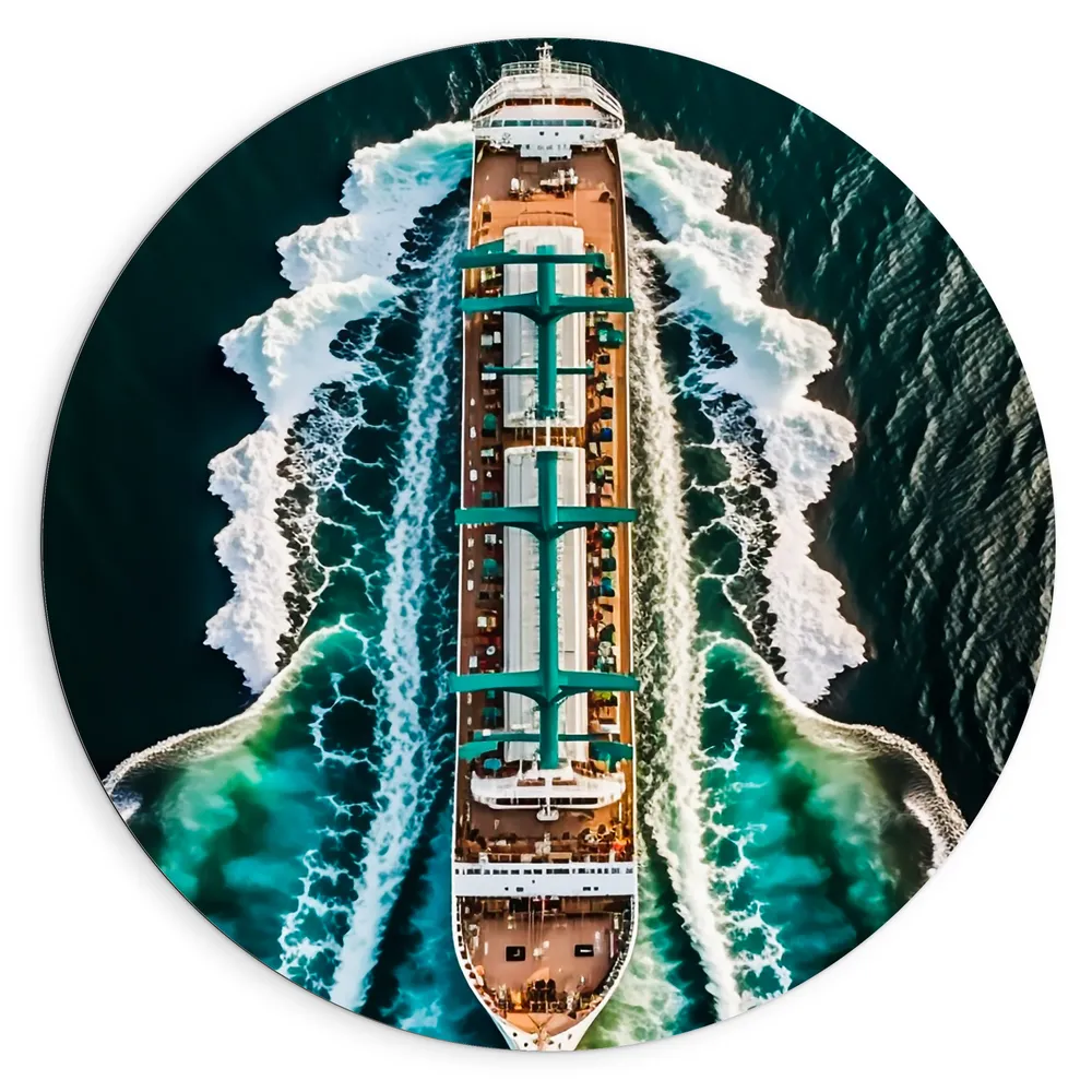 Dibond Muurcirkel - Bovenaanzicht van Groot Cruiseschip Varend over de Golven van de Zee