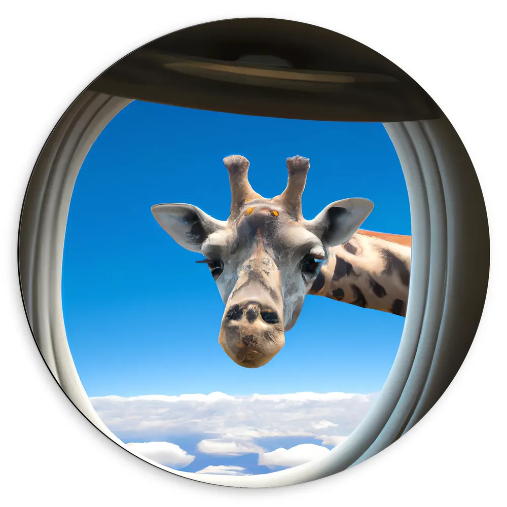 Dibond Muurcirkel - Giraffe boven de Wolken bij Vliegtuigraam