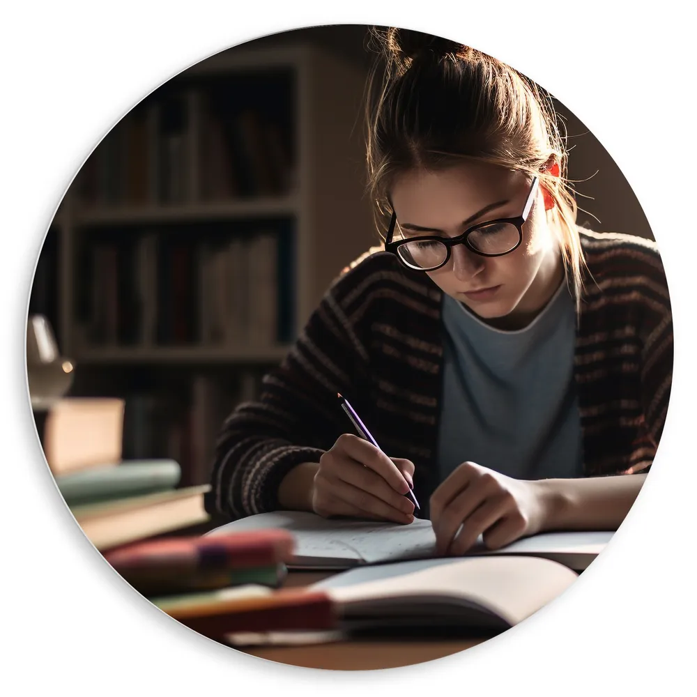 Dibond Muurcirkel - Meisje - Boeken - Huiswerk- School - Studeren - Schrijven- Lezen - Bril