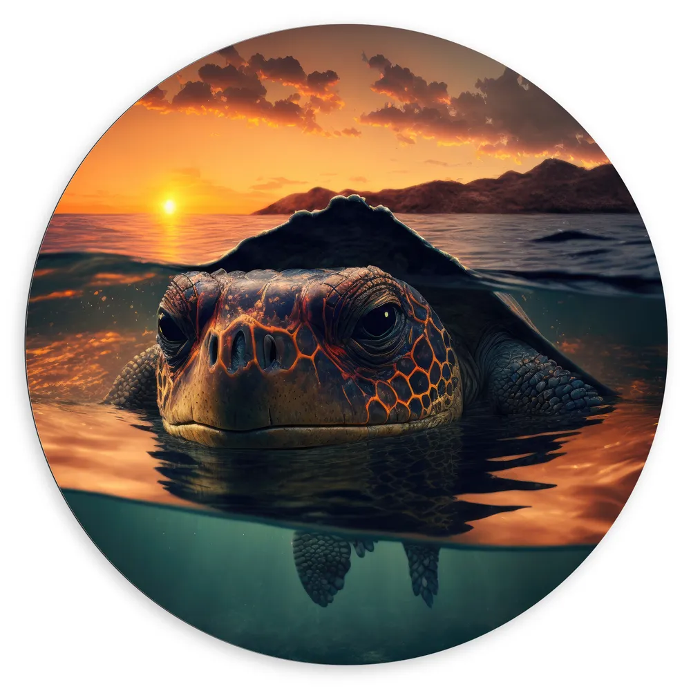 Dibond Muurcirkel - Close-up van Boze Zeeschildpad Dobberend bij het Wateroppervlak