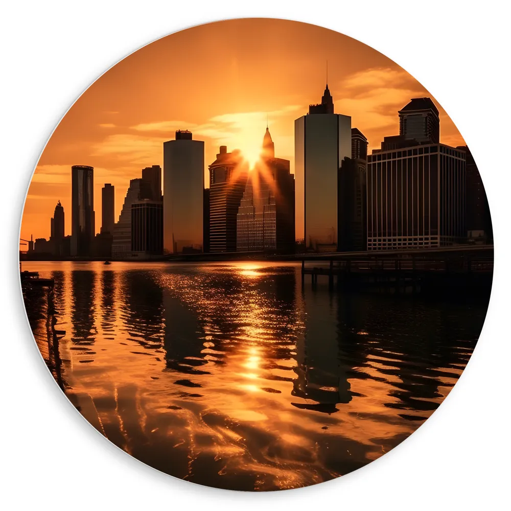 Dibond Muurcirkel - Gebouwen - Water - Zon - Zonsondergang - Stad