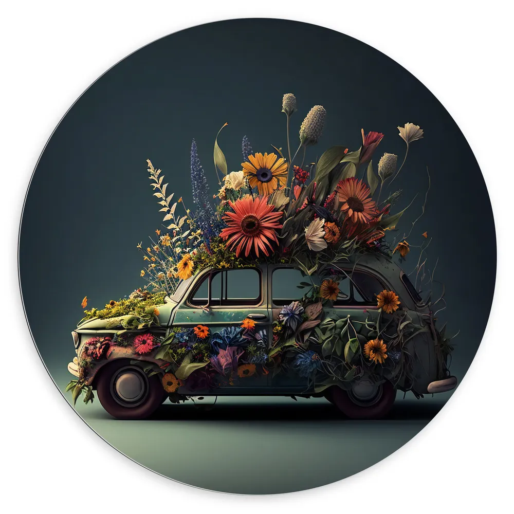 Dibond Muurcirkel - Ouderwetse Lichtblauwe Auto Versierd met Verschillende Bloemen