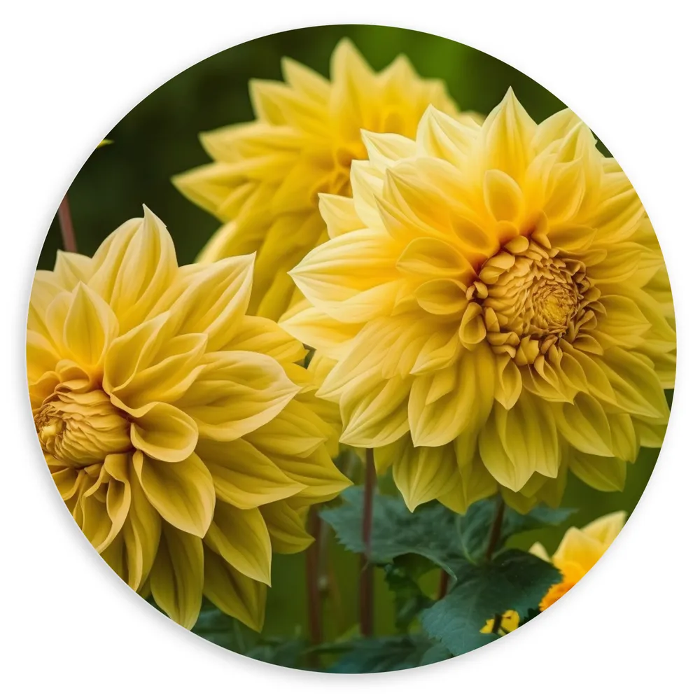 Dibond Muurcirkel - Grote Gele Dahlia Bloemen en Knoppen