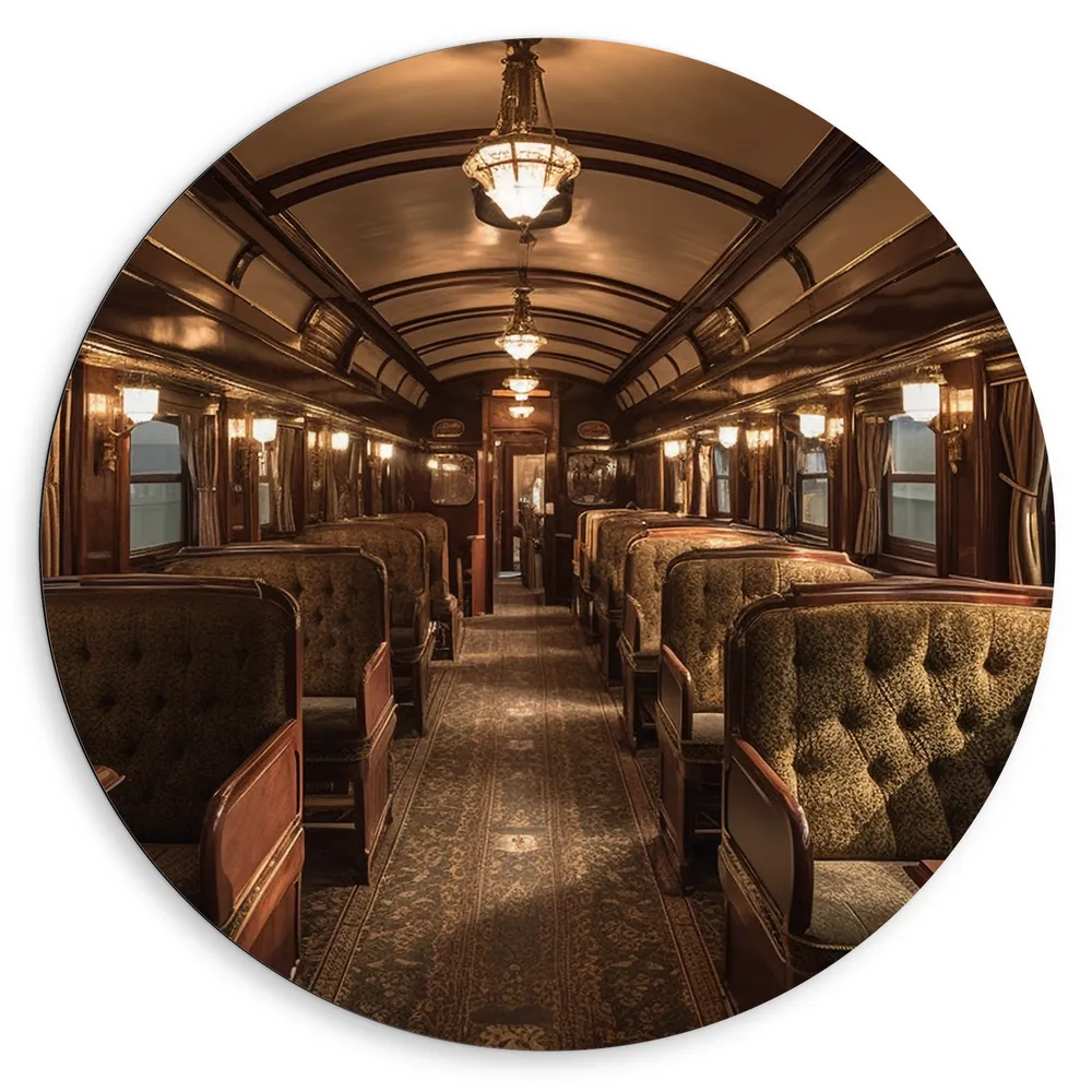 Dibond Muurcirkel - Trein - Stoelen - Hout - Lampen
